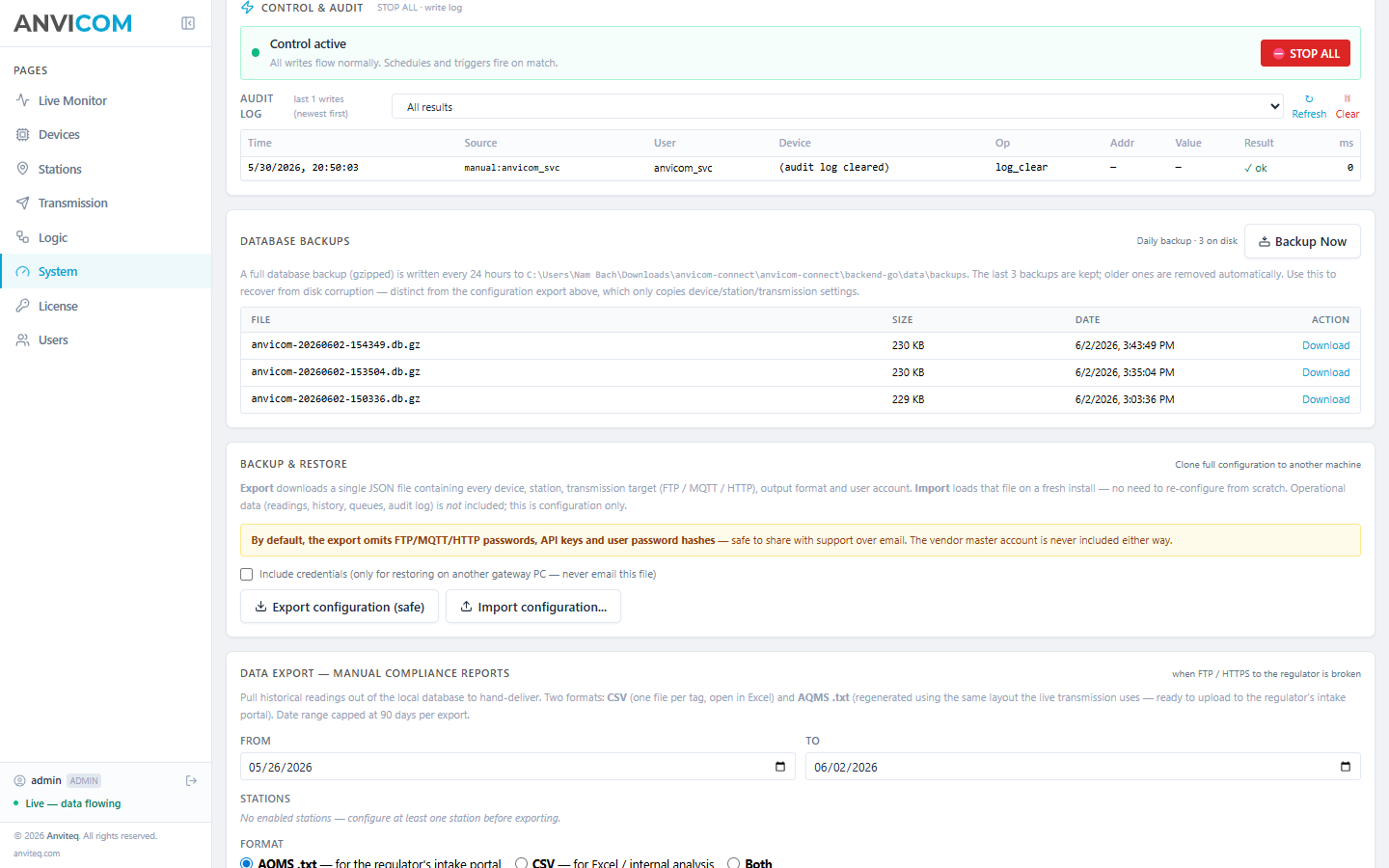 Control & Audit page — STOP ALL kill switch, write audit log table, database backups, backup & restore, manual data export to AQMS .txt or CSV